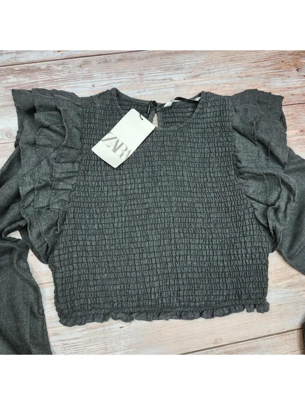 NEW Zara Smocked Ruffle Crop Top Gray Long Sleeve NWT Size Small